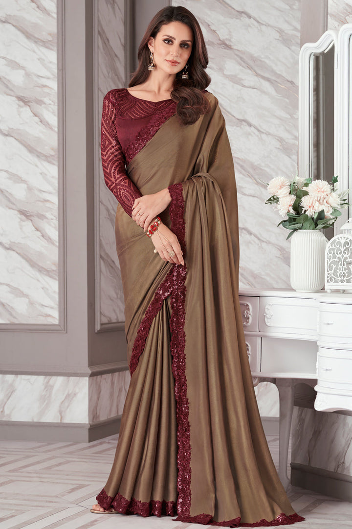 Gorgeous Border Work Georgette Fabric Brown Color Saree