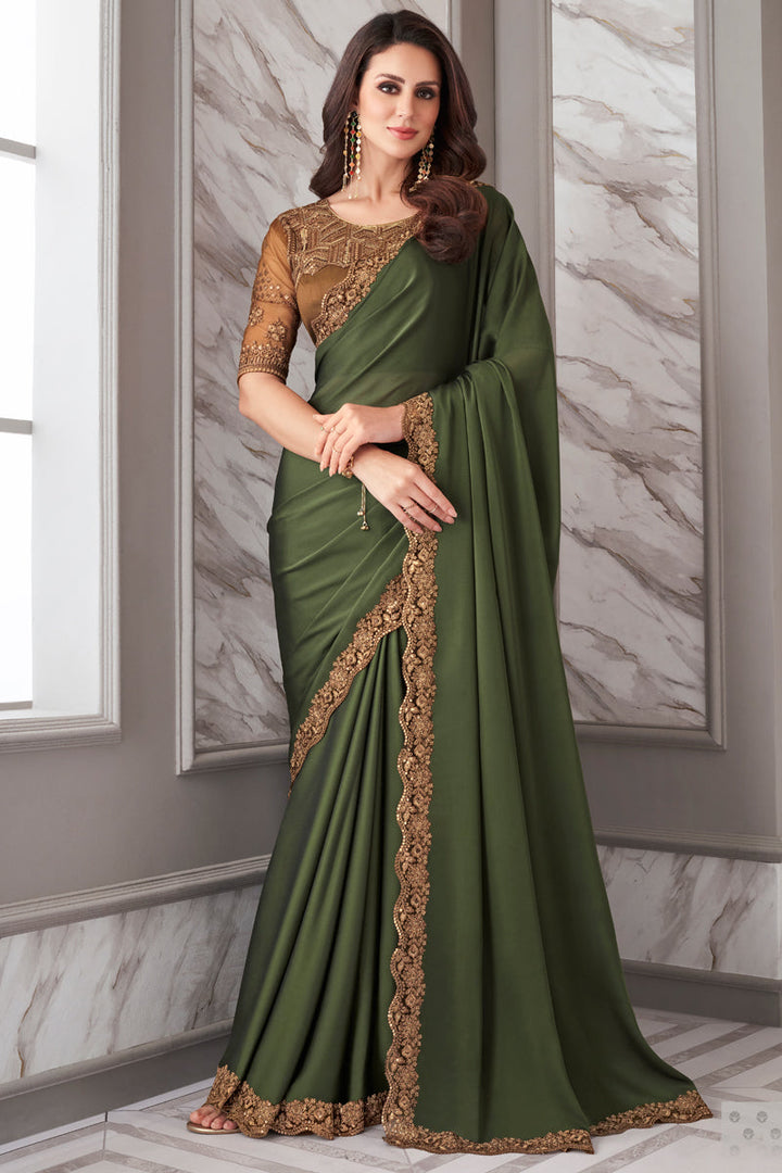 Green Color Georgette Fabric Saree With Imposing Border Work