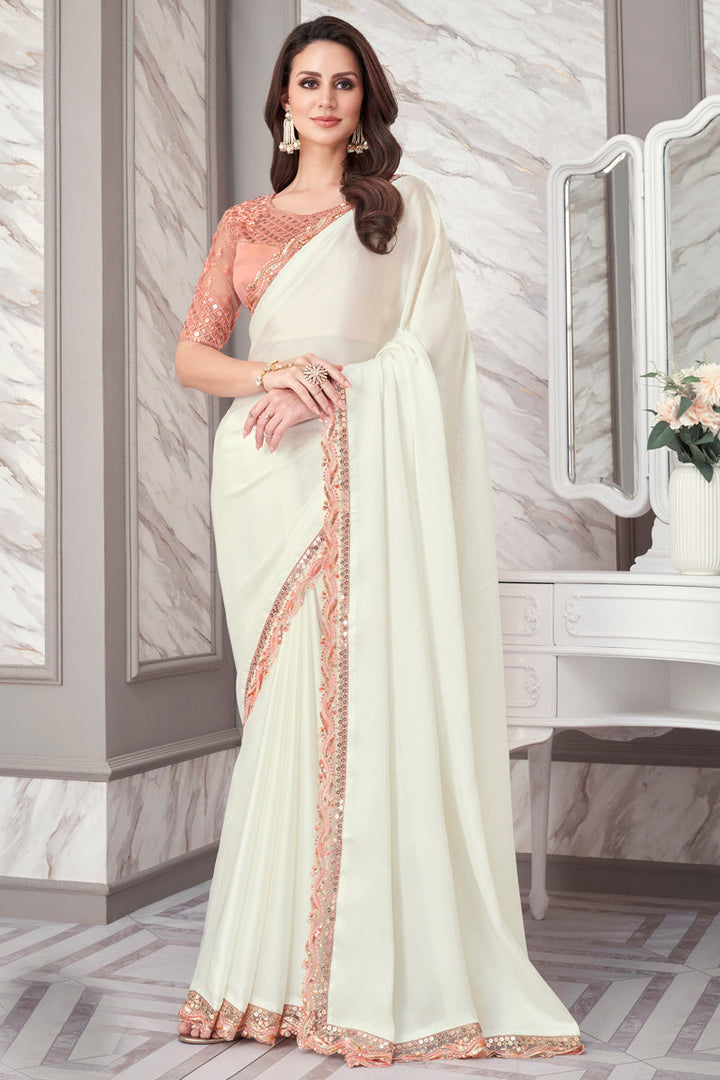Graceful Border Work Satin Satin Silk Fabric Off White Color Saree