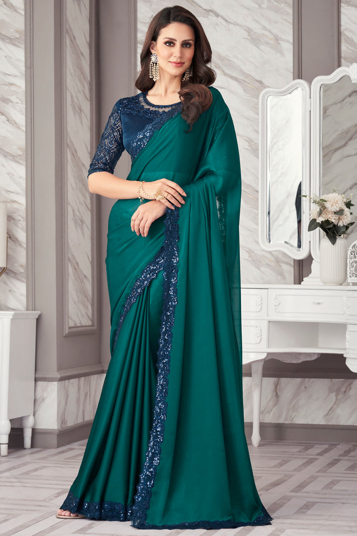 Georgette Fabric Teal Color Saree With Wonderful Border Work