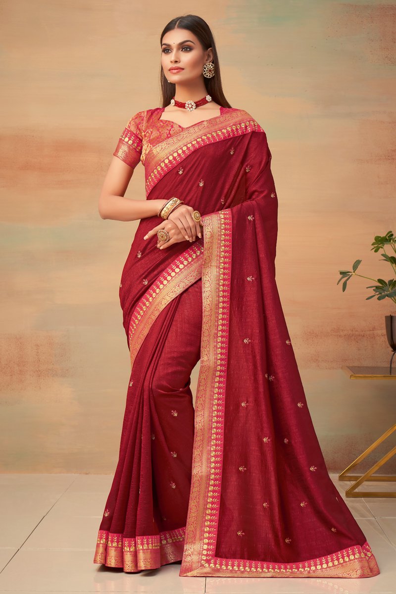 Art Silk Fabric Party Wear Maroon Color Border Work Saree