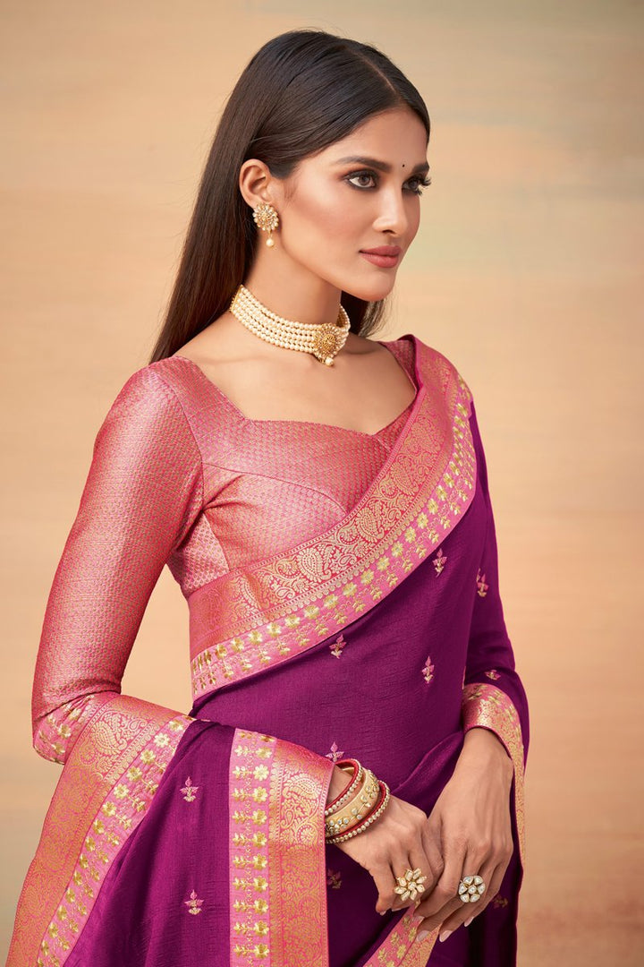Art Silk Fabric Function Wear Purple Color Border Work Saree