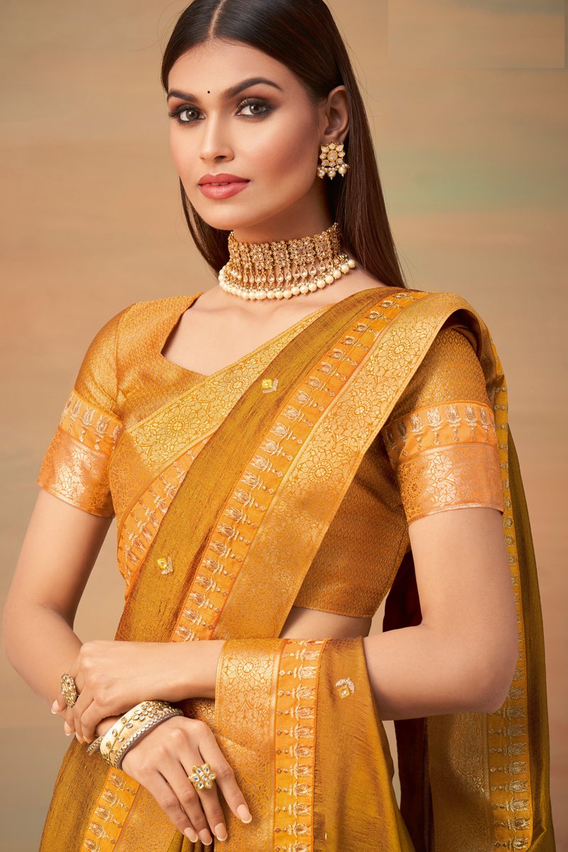 Art Silk Fabric Party Wear Mustard Color Border Work Saree