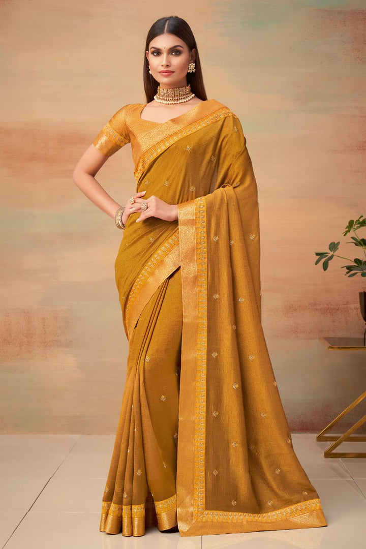 Art Silk Fabric Party Wear Mustard Color Border Work Saree