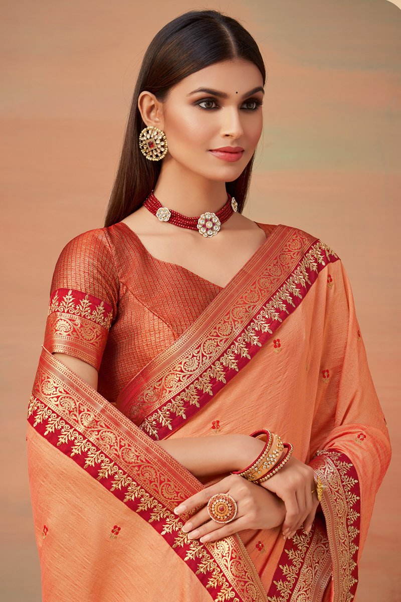 Wedding Wear Art Silk Fabric Border Work Saree In Peach Color