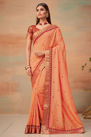 Wedding Wear Art Silk Fabric Border Work Saree In Peach Color