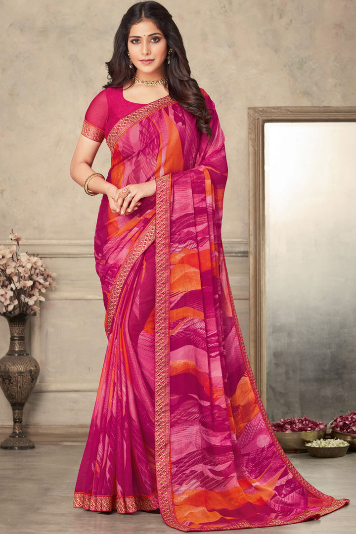 Printed Work On Pink Color Aristocratic Chiffon Fabric Saree
