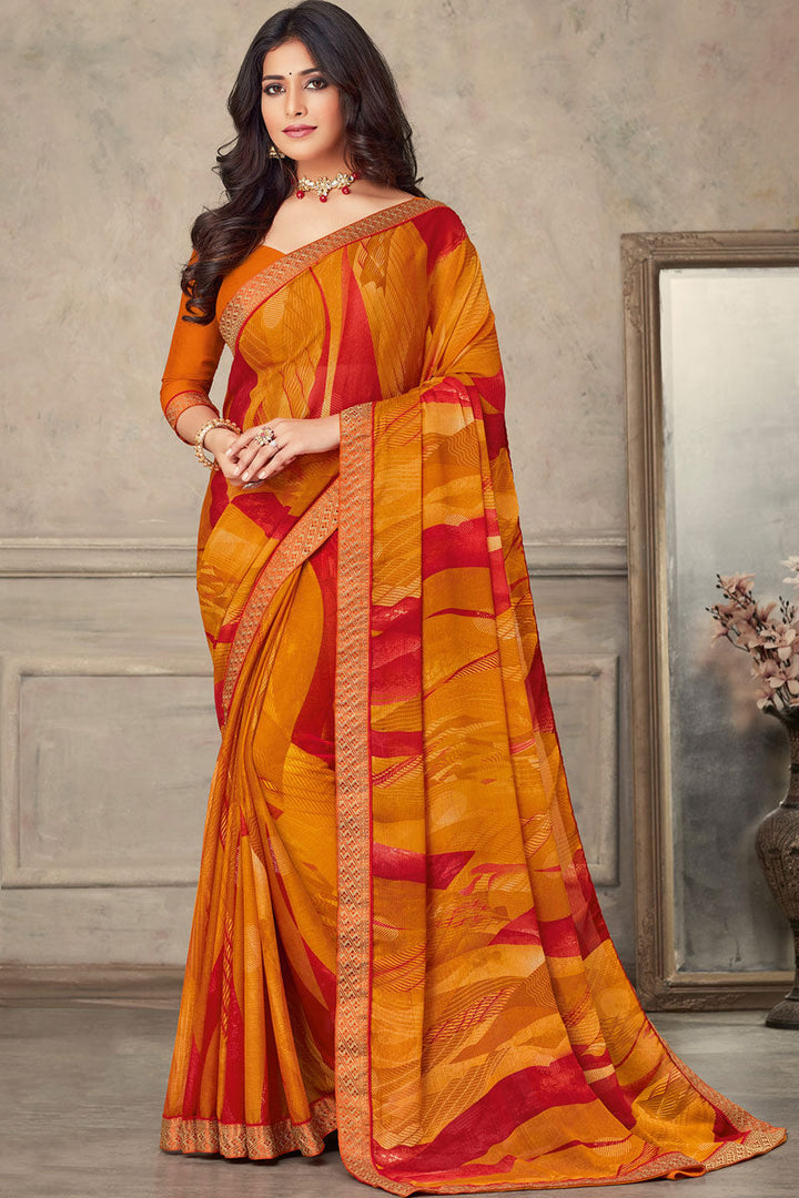 Imperial Mustard Color Chiffon Fabric Saree With Printed Work