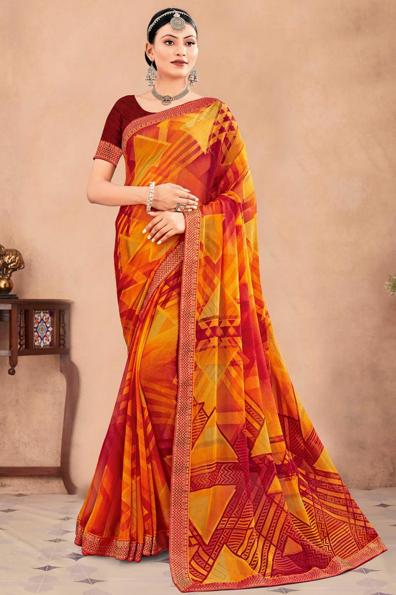 Yellow Color Wonderful Banarasi Weaving Border Printed Chiffon Saree