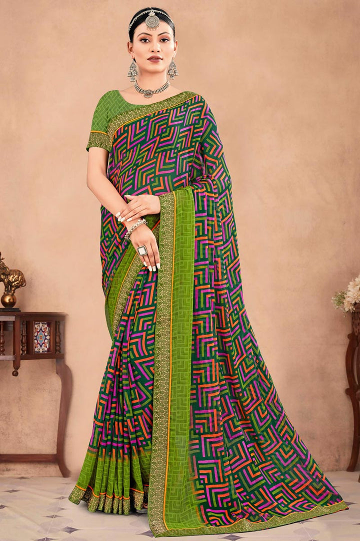 Dark Green Color Stunning Banarasi Weaving Border Printed Chiffon Saree
