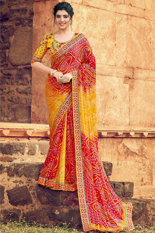 Enticing Yellow Color Georgette Fabric Bandhani Style Saree With Weaving Work