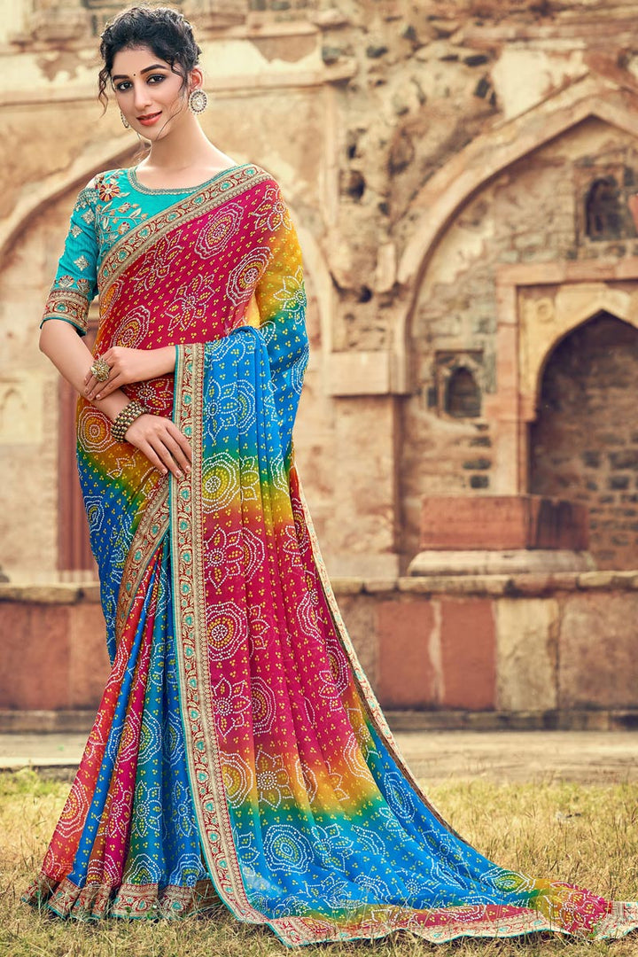 Georgette Fabric Designer Weaving Work Sky Blue Color Bandhani Style Saree