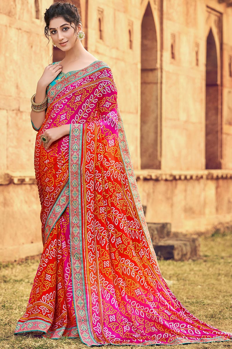 Pink Color Function Wear Georgette Fabric Bandhani Style Saree With Weaving Work