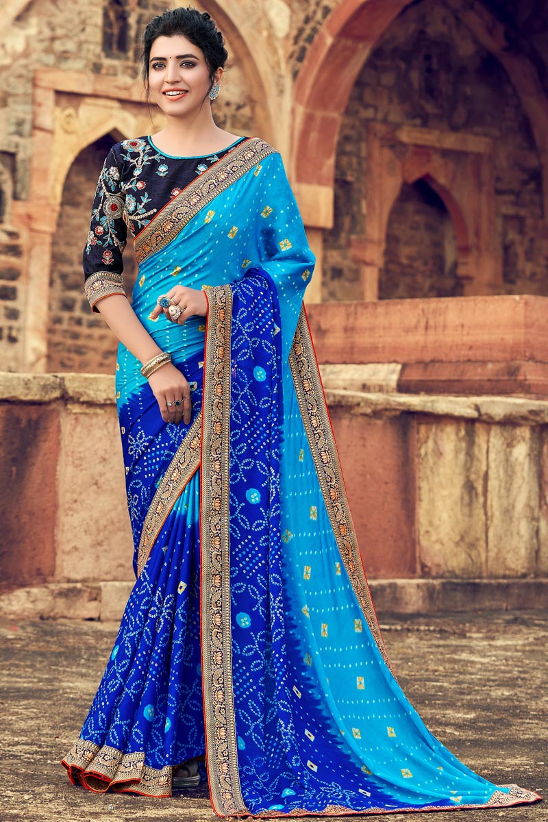 Georgette Fabric Classic Blue Color Bandhani Style Saree With Weaving Work