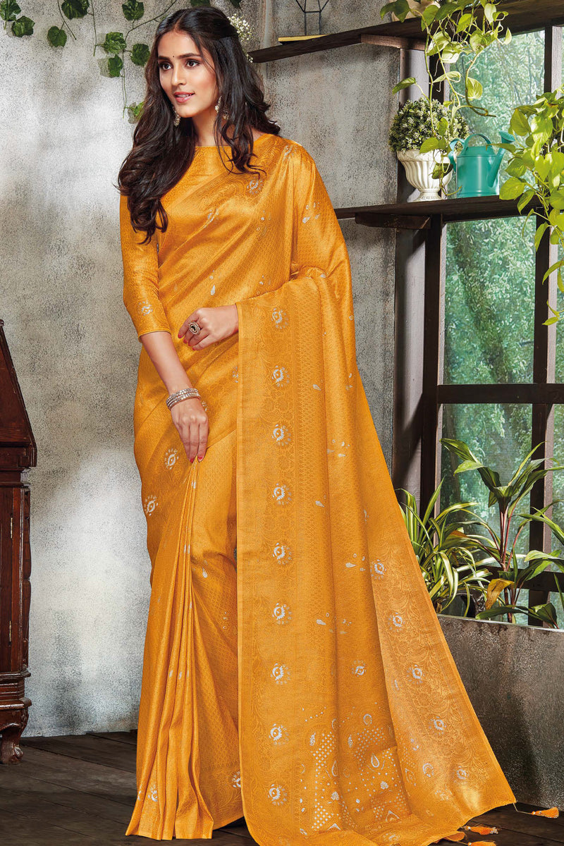 Amazing Weaving Work Mustard Festive Wear Art Silk Saree