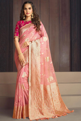 Cotton Silk Fabric Peach Color Weaving Work Casual Wear Engrossing Saree