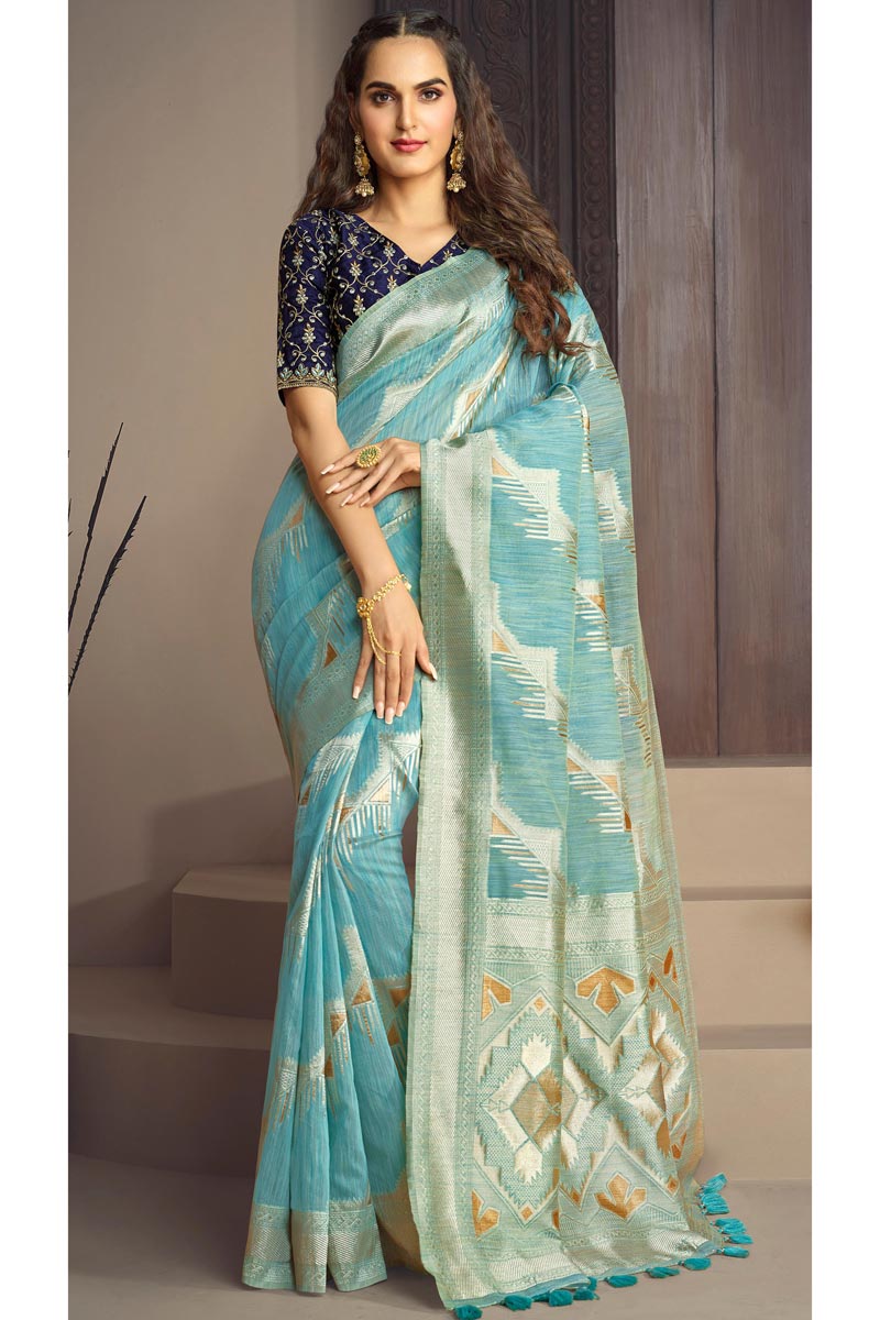 Cyan Color Weaving Designs On Cotton Silk Daily Wear Intriguing Saree