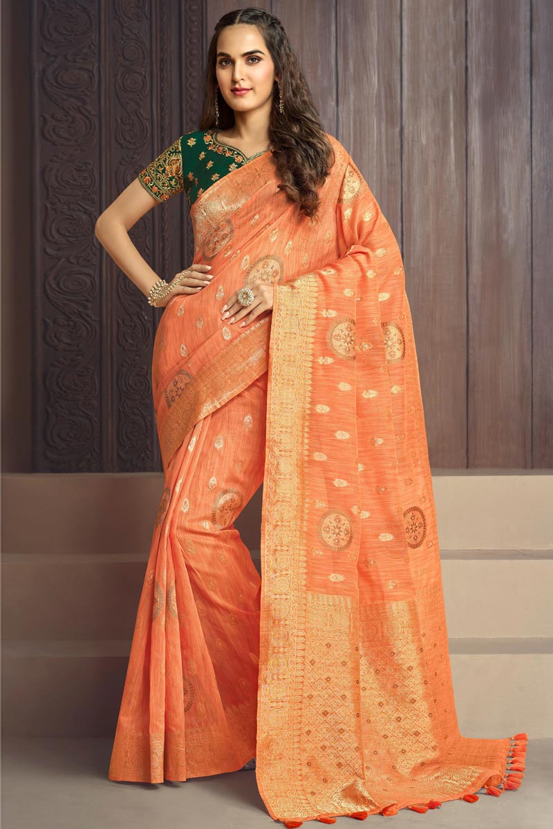 Weaving Designs On Orange Color Cotton Silk Fabric Casual Wear Remarkable Saree