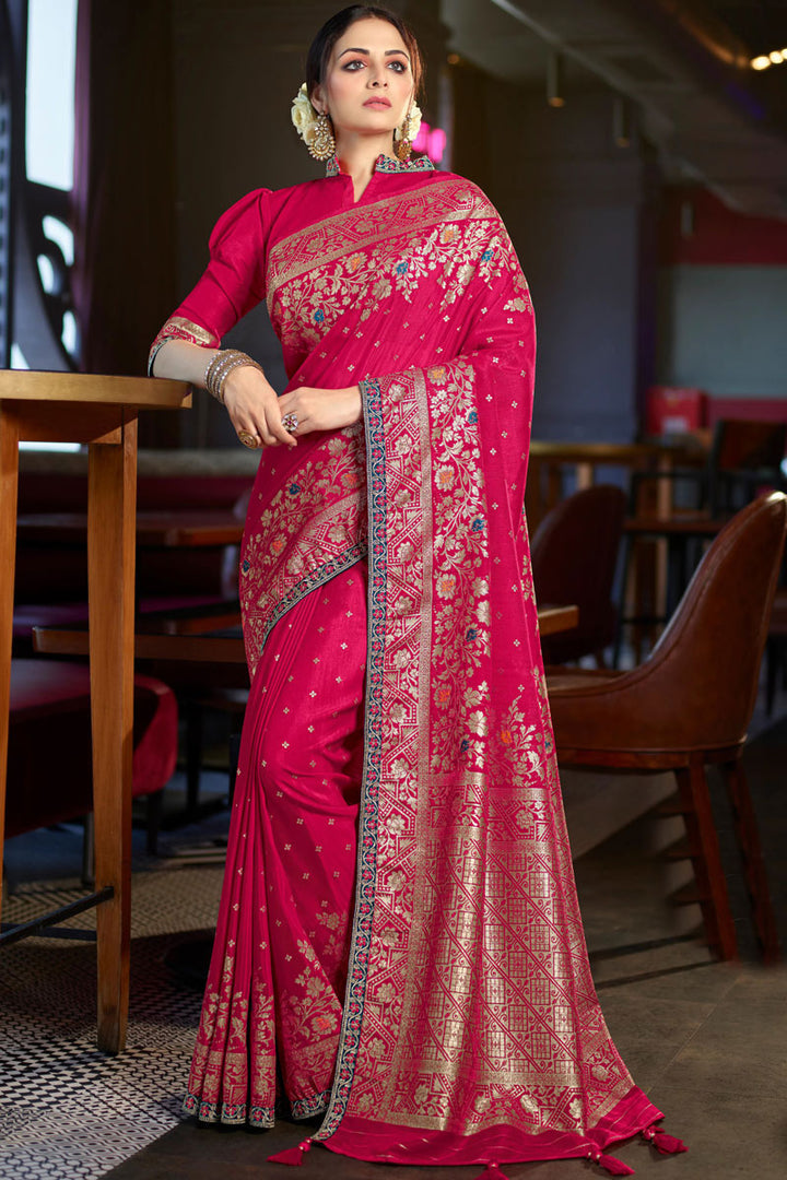 Pink Color Weaving Work Silk Saree In Function Wear