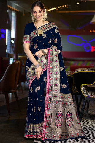 Marvelous Navy Blue Color Silk Saree With Weaving Work