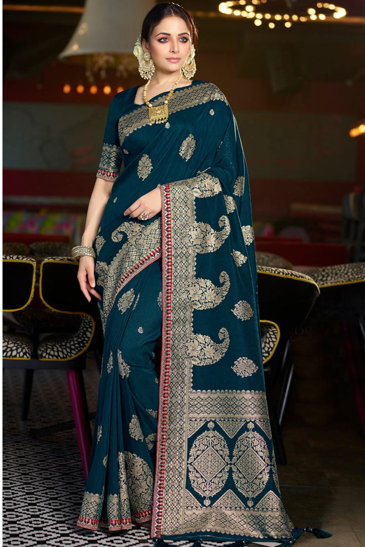 Dazzling Teal Color Weaving Work Saree In Silk Fabric