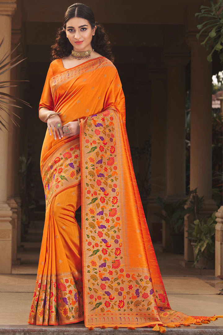 Silk Fabric Orange Color Function Wear Saree With Weaving Work