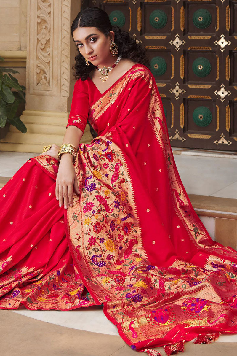 Silk Fabric Elegant Red Color Function Wear Saree With Weaving Work