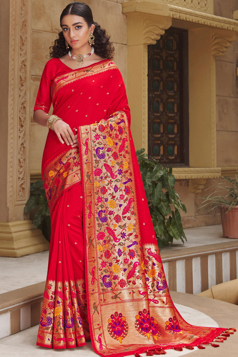 Silk Fabric Elegant Red Color Function Wear Saree With Weaving Work