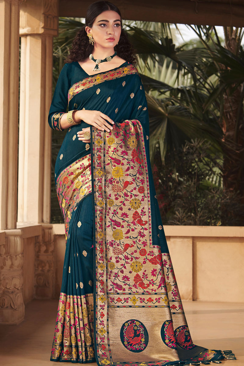 Function Wear Silk Fabric Weaving Work Saree In Teal Color