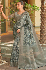 Load image into Gallery viewer, Printed Designs On Dark Grey Color Art Silk Fabric Festival Wear Mesmeric Saree
