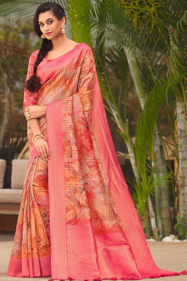 Pink Color Party Wear Blazing Weaving Work Saree In Organza Fabric