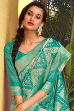 Load image into Gallery viewer, Party Wear Cyan Color Designer Weaving Work Saree In Organza Fabric
