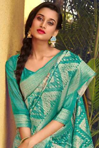 Party Wear Cyan Color Designer Weaving Work Saree In Organza Fabric