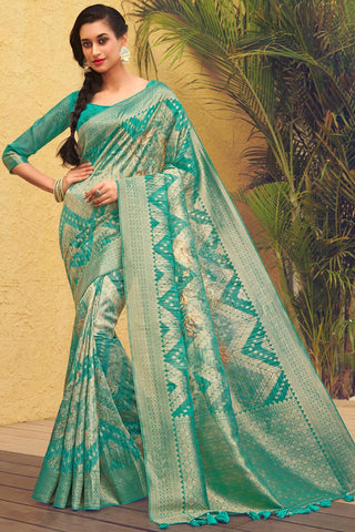 Party Wear Cyan Color Designer Weaving Work Saree In Organza Fabric