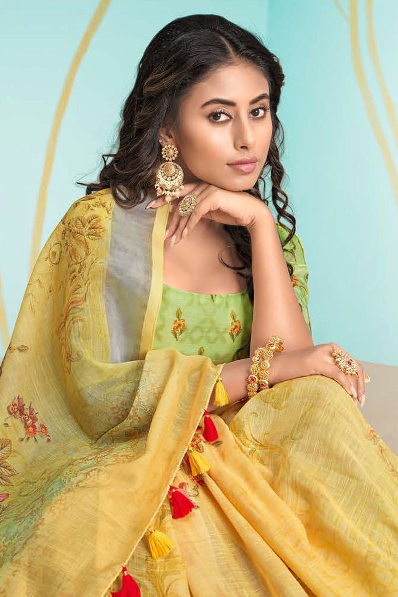 Yellow Color Fascinating Digital Printed Organza Saree