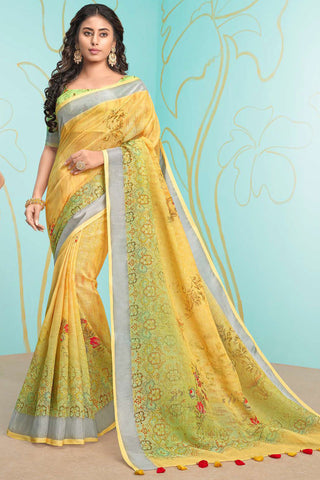 Yellow Color Fascinating Digital Printed Organza Saree