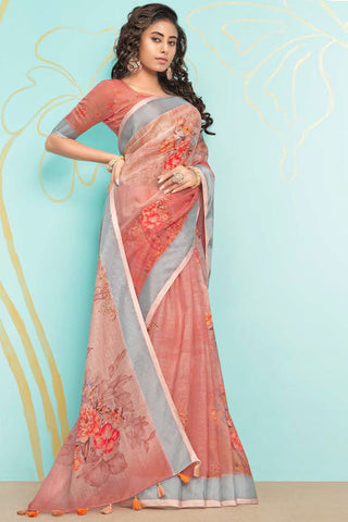 Digital Printed Peach Color Splendid Organza Saree