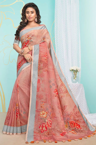 Digital Printed Peach Color Splendid Organza Saree