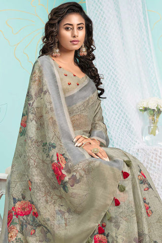 Olive Color Charming Digital Printed Organza Saree