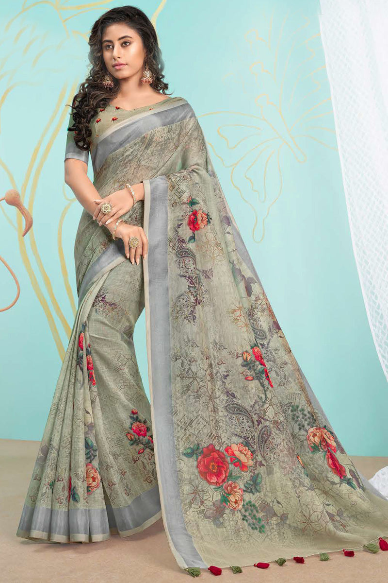 Olive Color Charming Digital Printed Organza Saree