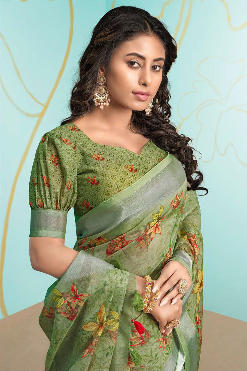 Green Color Bright Digital Printed Organza Saree