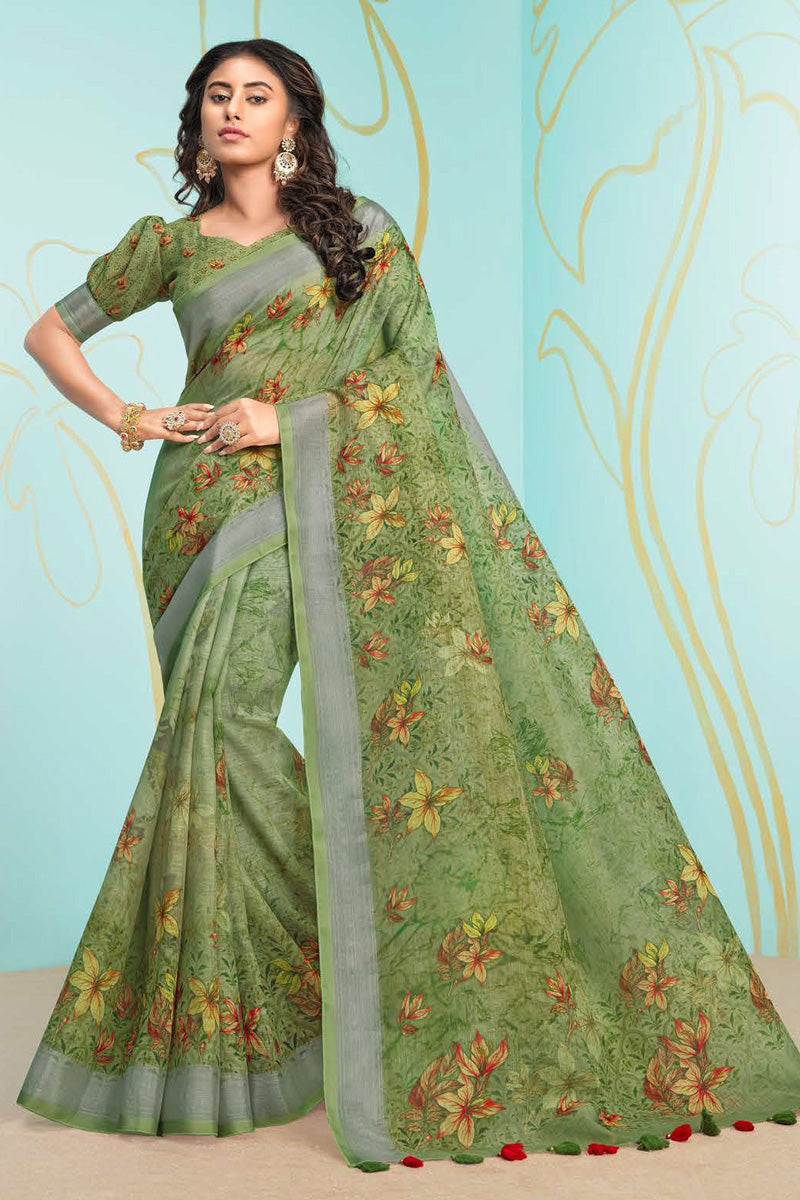 Green Color Bright Digital Printed Organza Saree