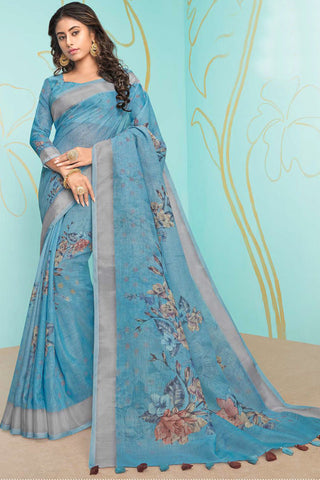 Cyan Color Marvellous Digital Printed Organza Saree