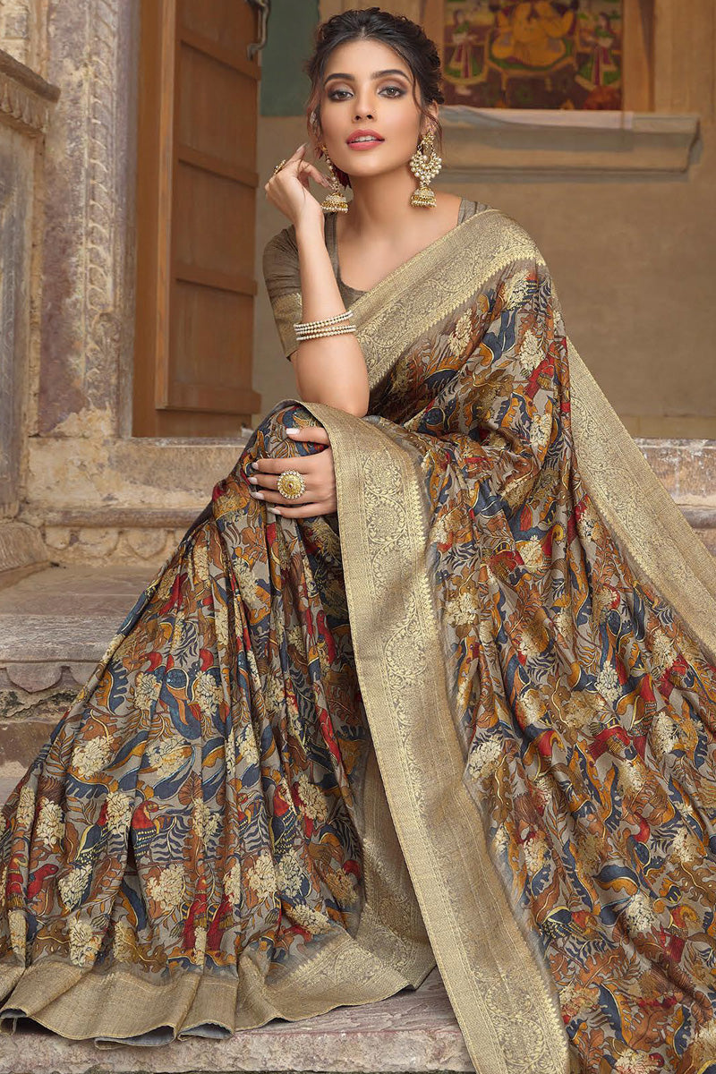 Function Look Brilliant Viscose Fabric Saree In Beige Color