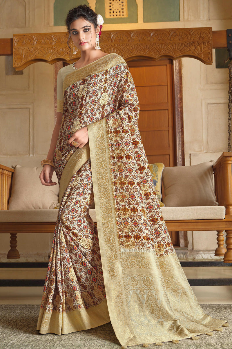 Cream Color Viscose Fabric Function Look Awesome Saree