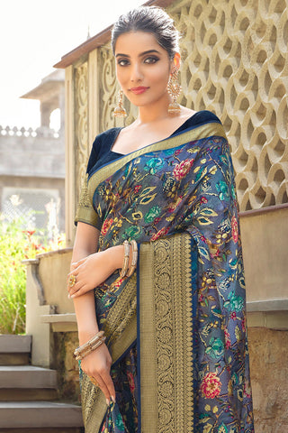 Grey Color Intricate Viscose Fabric Weaving Work Saree