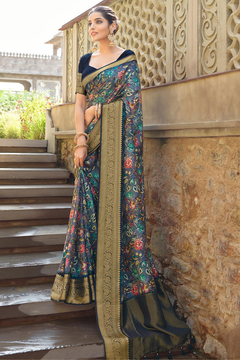 Grey Color Intricate Viscose Fabric Weaving Work Saree