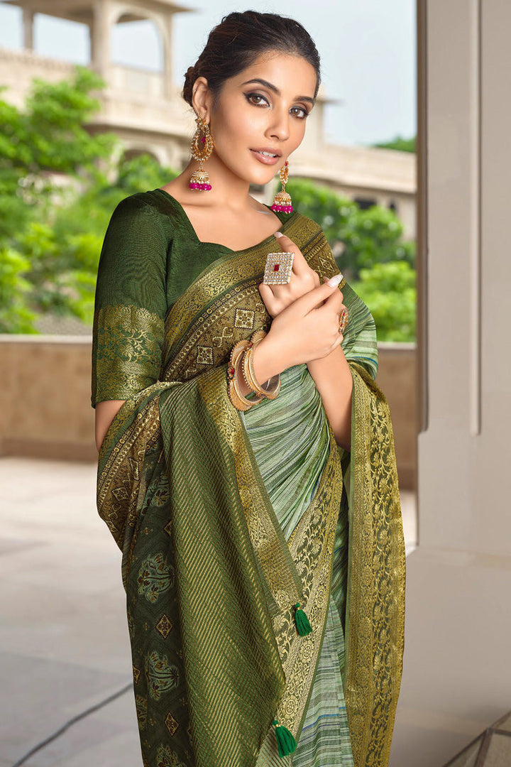 Green Color Pleasant Viscose Fabric Weaving Work Saree