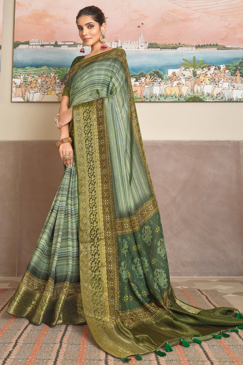 Green Color Pleasant Viscose Fabric Weaving Work Saree