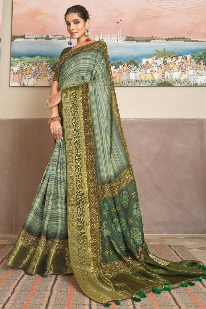 Green Color Pleasant Viscose Fabric Weaving Work Saree